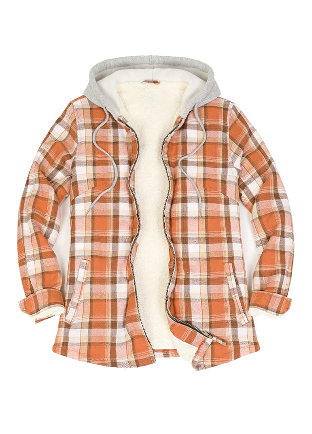 Women's Sherpa-Lined Full Zip Up Flannel Jacket with Fleece Hood