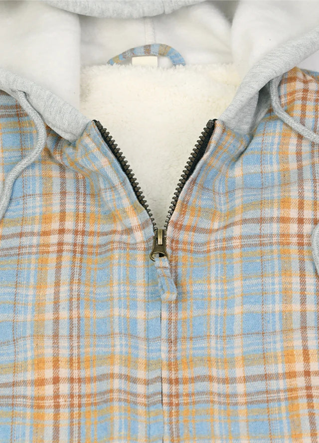 Close-up of the zipper detail on a women's blue yellow plaid flannel jacket