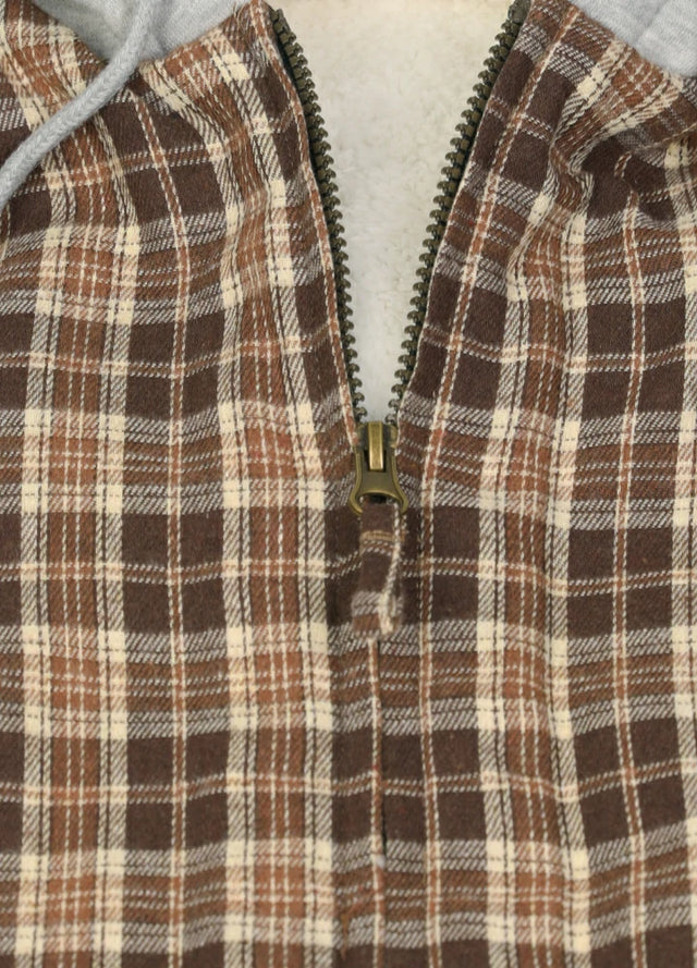 Close-up of the zipper detail on a women's chocolate plaid flannel jacket