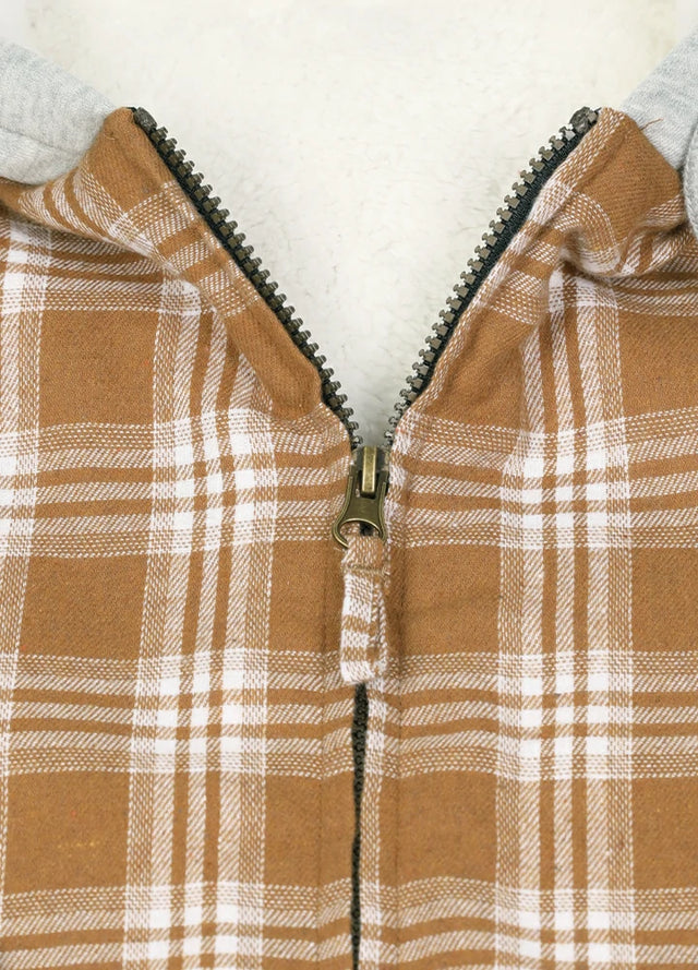 Close-up of the zipper detail on a women's brown plaid flannel jacket