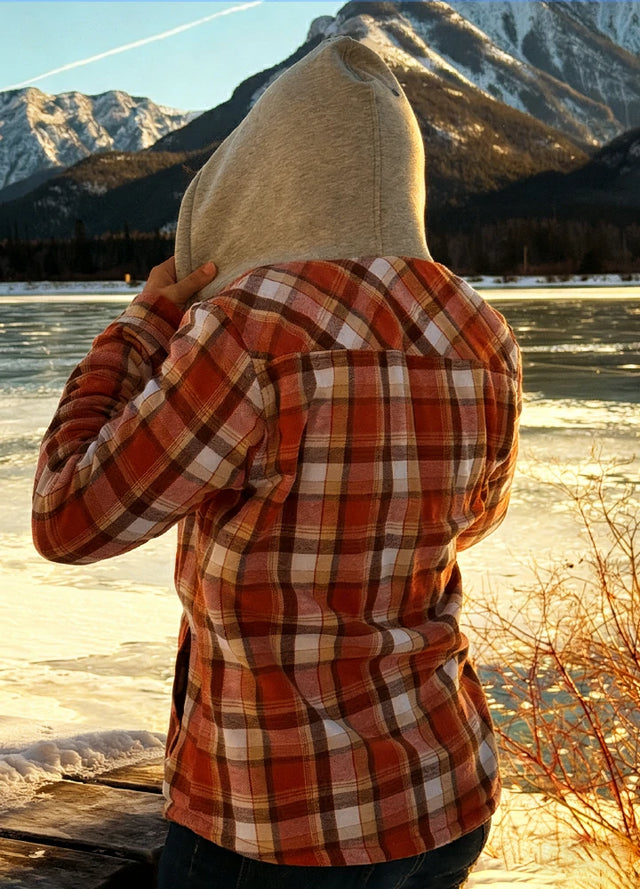 Women's Sherpa-Lined Full Zip Up Flannel Jacket with Fleece Hood