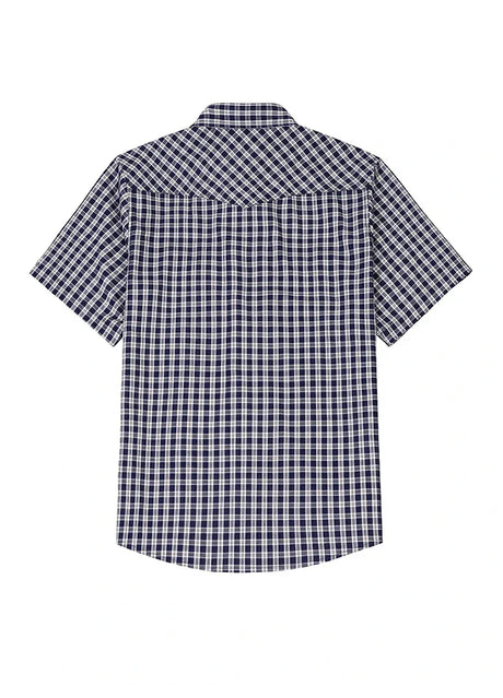 Back view of indigo white men's warm short sleeve western shirt