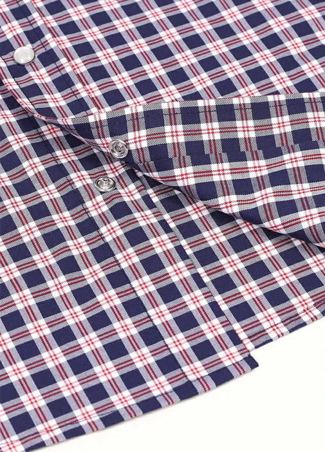 Close-up of the snap button of the navy red men's timeless western short sleeve shirt