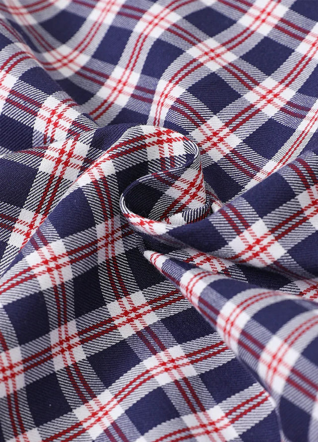Detailed view of the fabric of the navy red plaid short sleeve shirt for men