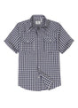 Front view of indigo white men's warm snap button short sleeve western shirt