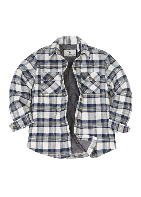 Front view of kid's blue white quilted lined plaid shirt jacket