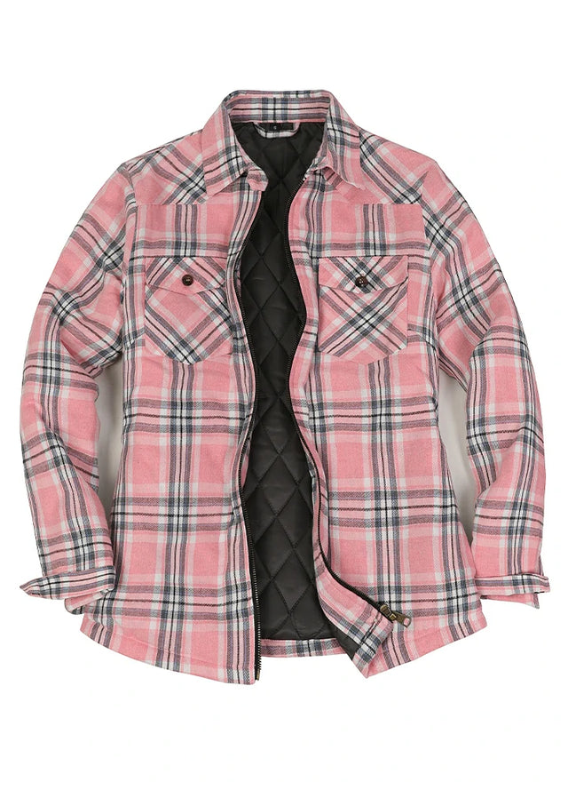 Open view of a women's long-sleeve quilted-lined pink flannel shacket