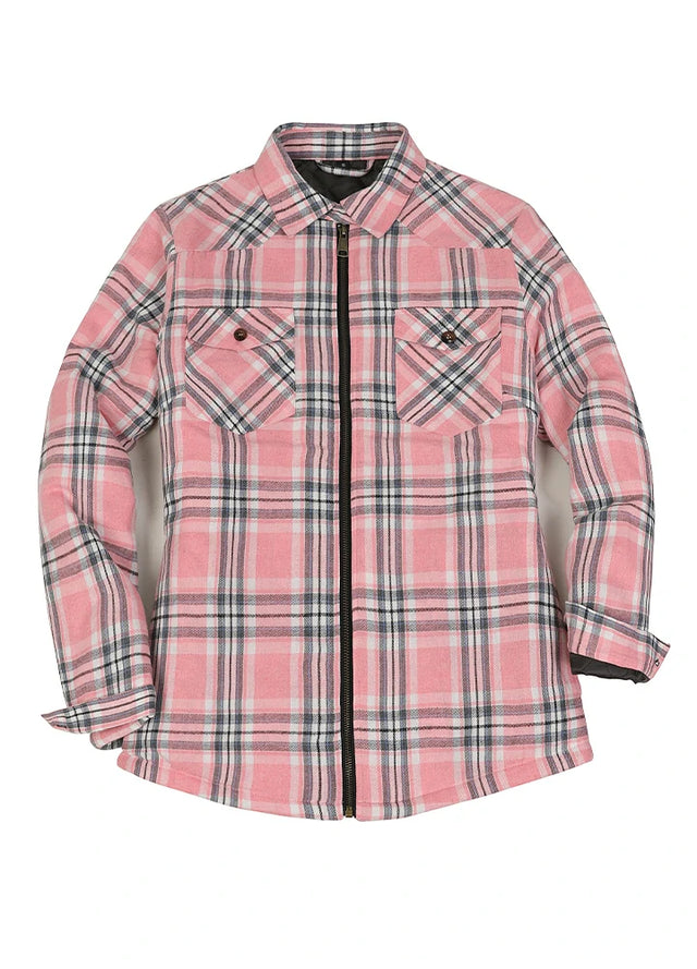 Front view of a women's quilted-lined pink plaid flannel shirt jacket