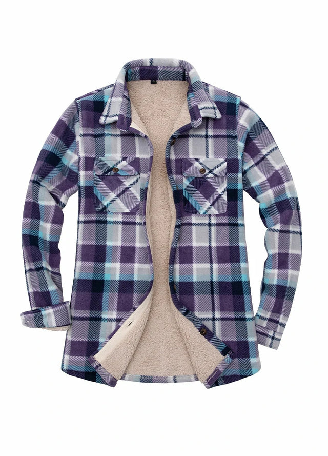 Front view of a womens purple button up plaid shacket with sherpa lined