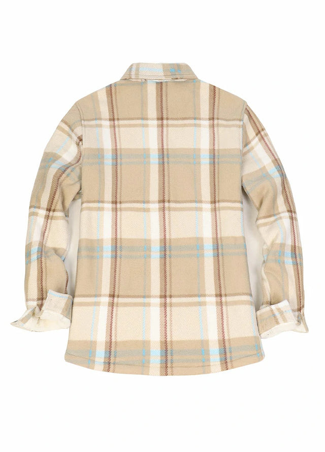 Back view of a womens cream plaid fleece shacket with sherpa lined