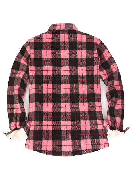 Back view of a womens black pink plaid fleece shacket with sherpa lined