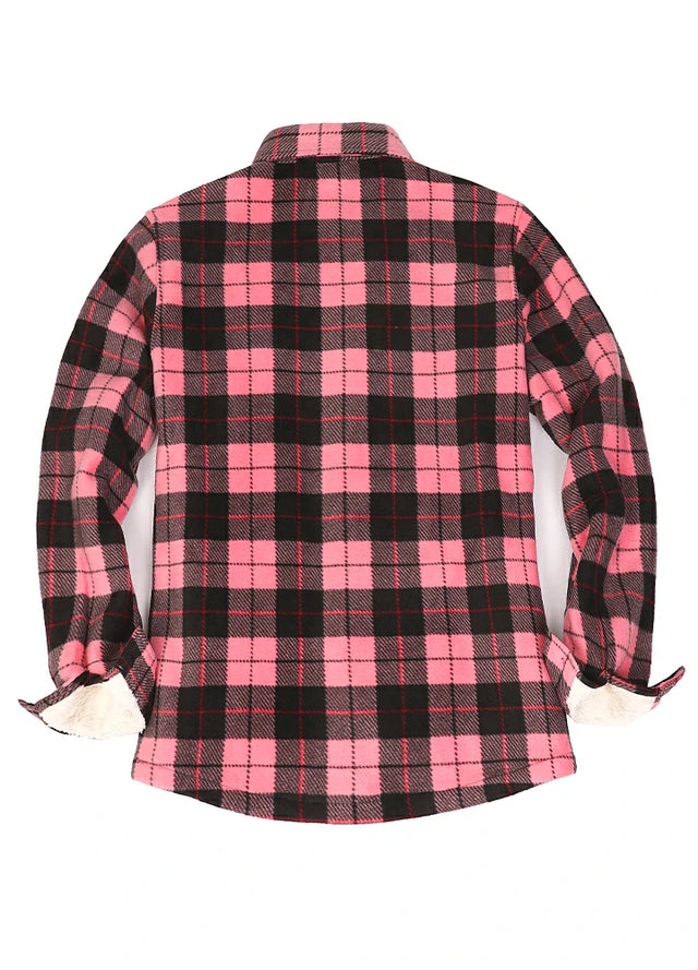 Back view of a womens black pink plaid fleece shacket with sherpa lined