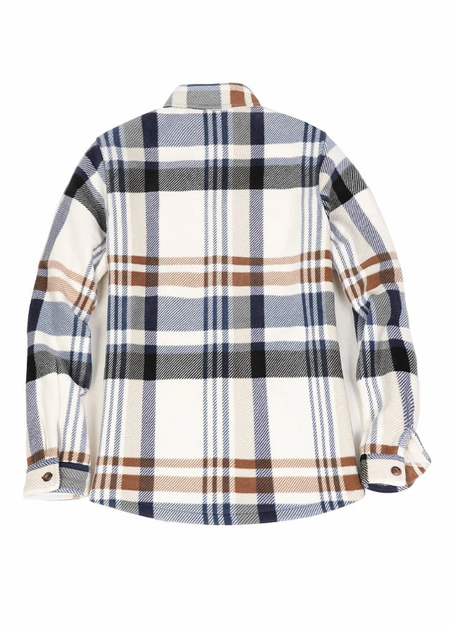 Back view of a womens blue white plaid fleece shacket with sherpa lined