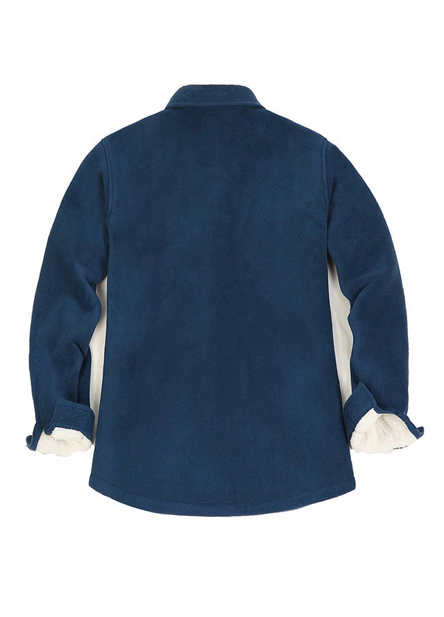 Back view of a womens navy blue button down soft fleece shirt jacket