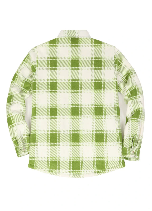 Back view of a womens green plaid fleece shacket with sherpa lined