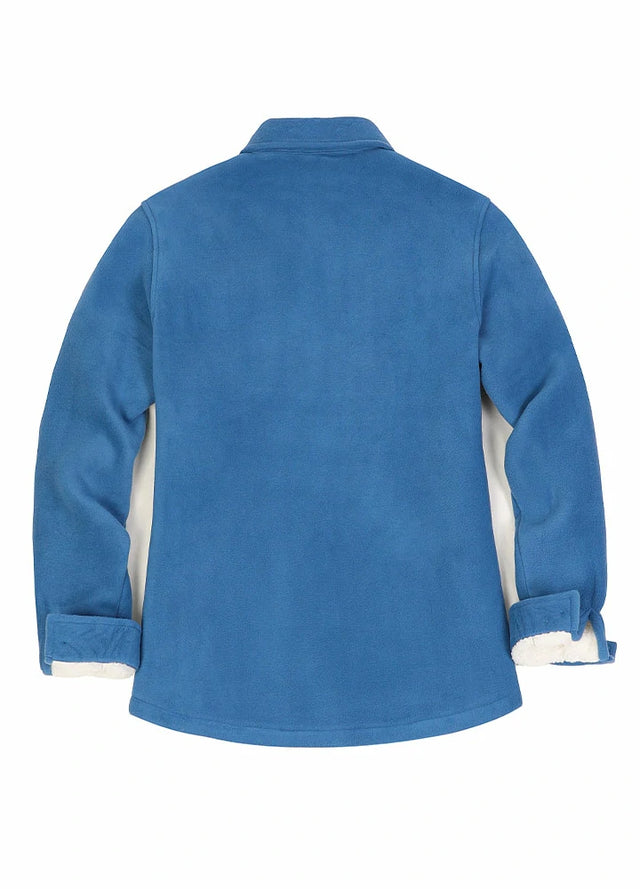 Back view of a womens royal blue button down soft fleece shirt jacket
