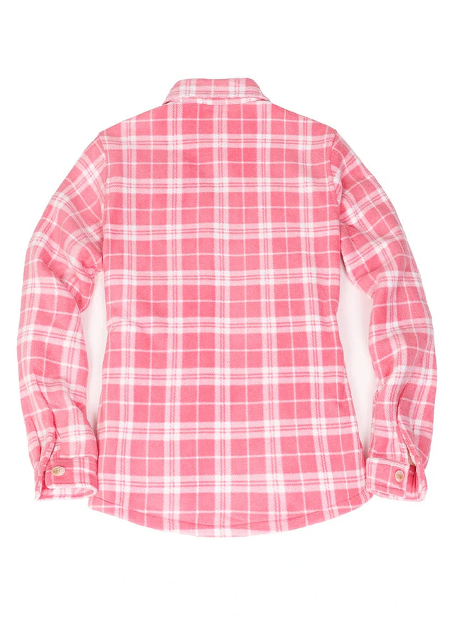 Back view of a womens pink plaid fleece shacket with sherpa lined