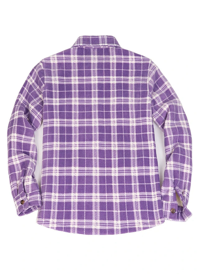 Back view of a womens purple white plaid fleece shacket with sherpa lined