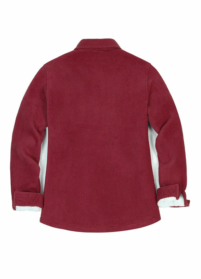 Back view of a womens red button down soft fleece shirt jacket