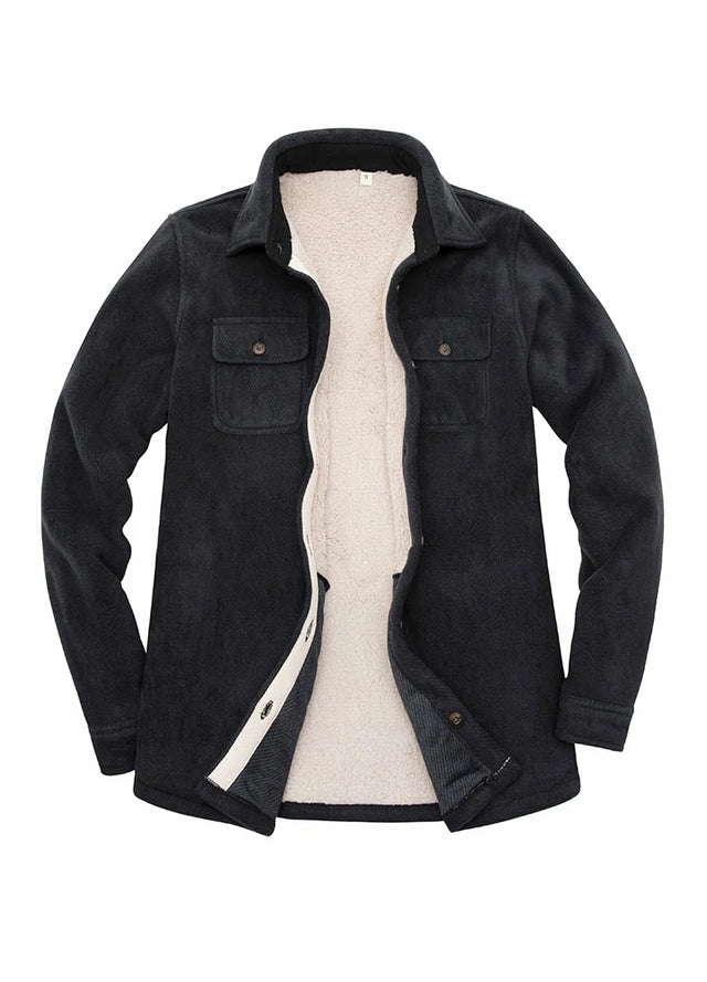 Front view of a women's black cozy sherpa-lined fleece shirt jacket