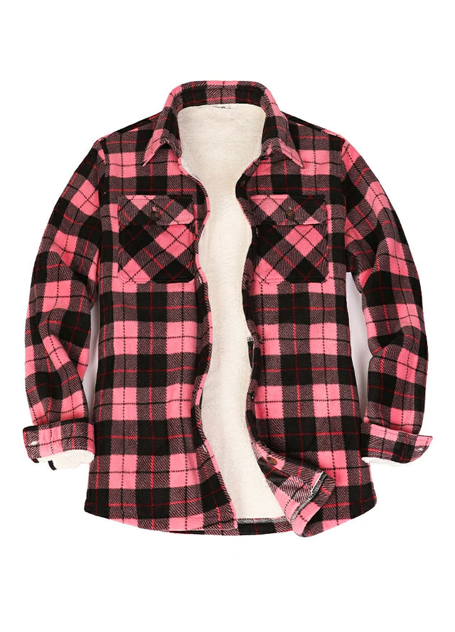 Front view of a womens sherpa-lined black pink plaid fleece shirt jacket