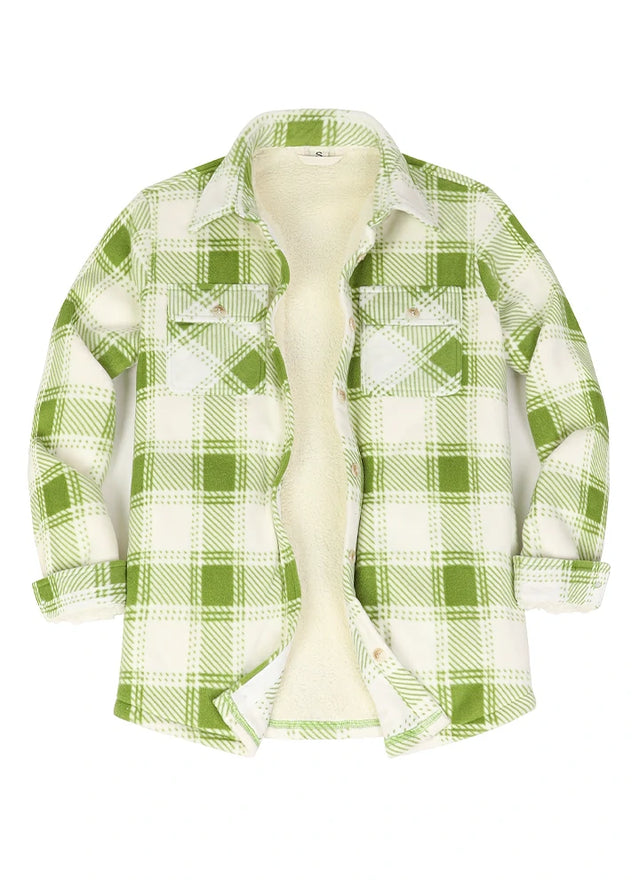 Front view of a womens sherpa-lined green plaid fleece shirt jacket