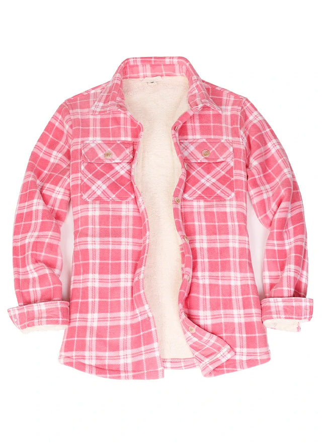 Front view of a womens sherpa-lined pink plaid fleece shirt jacket