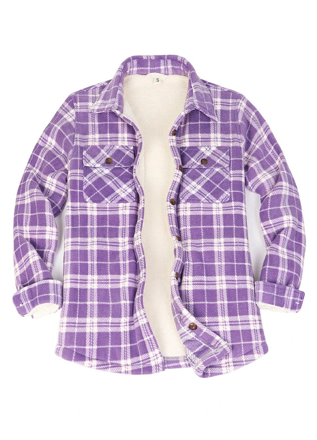 Front view of a womens sherpa-lined purple white plaid fleece shirt jacket