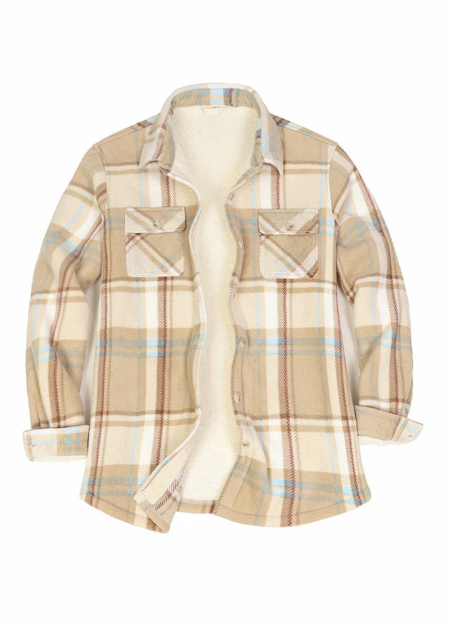 Front view of a womens sherpa-lined cream plaid fleece shirt jacket