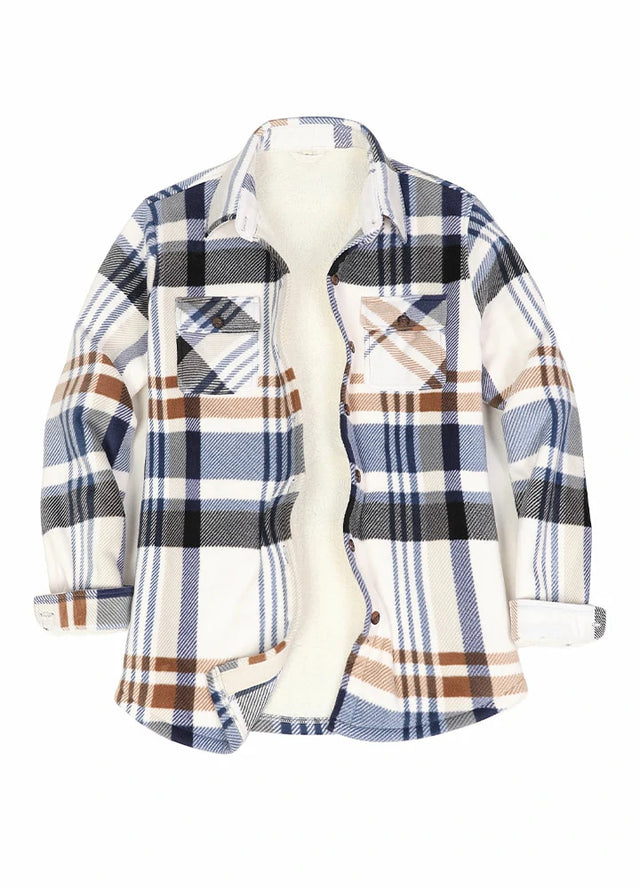 Front view of a womens sherpa-lined blue white plaid fleece shirt jacket
