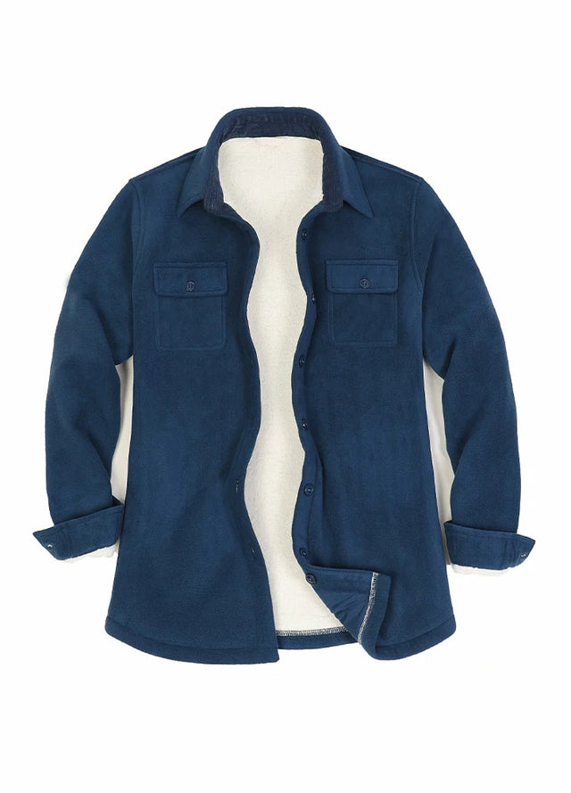 Front view of a women's navy blue cozy sherpa-lined fleece shirt jacket