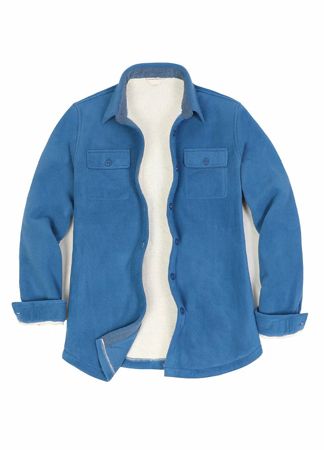 Front view of an open royal blue sherpa-lined fleece shacket for women