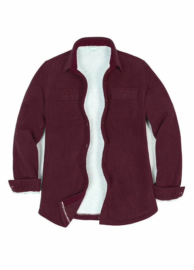 Front view of an open burgundy sherpa-lined fleece shacket for women