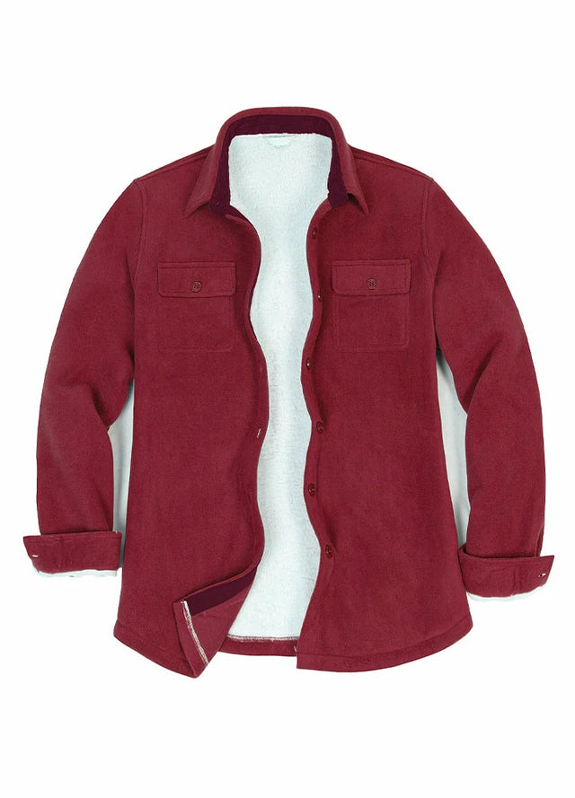 Front view of an open red sherpa-lined fleece shacket for women