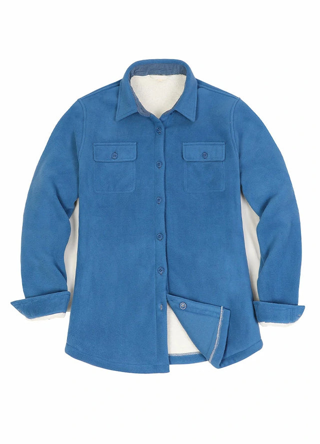 Front view of a women's royal blue cozy sherpa-lined fleece shirt jacket
