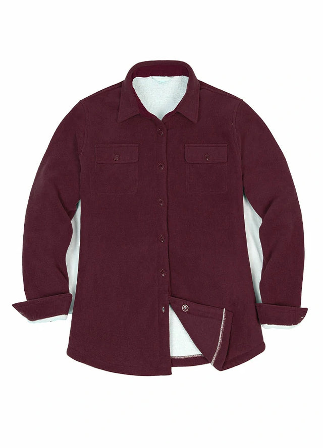 Front view of a women's burgundy cozy sherpa-lined fleece shirt jacket