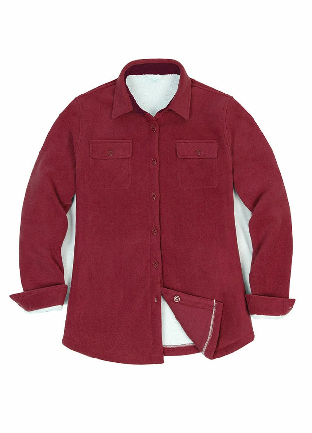 Front view of a women's red cozy sherpa-lined fleece shirt jacket