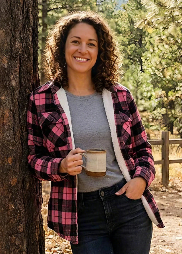 Women's Sherpa Lined Shirt Jacket Button Up Plaid Jacket