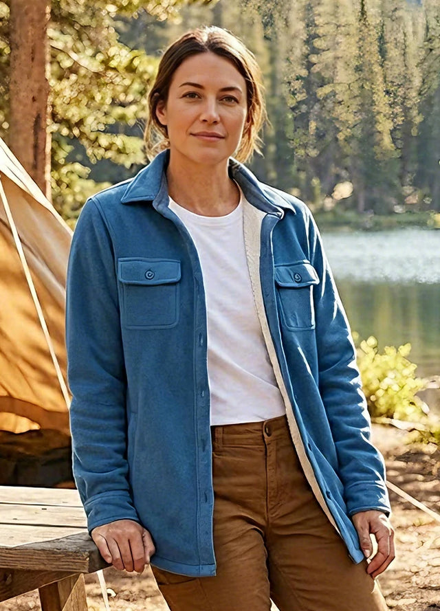 Warme Hemdjacke mit Sherpa-Futter für Damen, zum Knöpfen, Winter-Fleece-Shirt