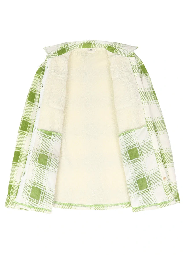 Front view of an open green sherpa-lined fleece shacket for women