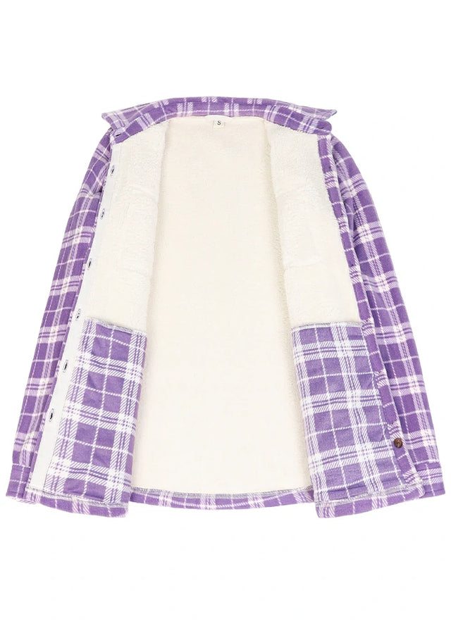 Front view of an open purple white sherpa-lined fleece shacket for women