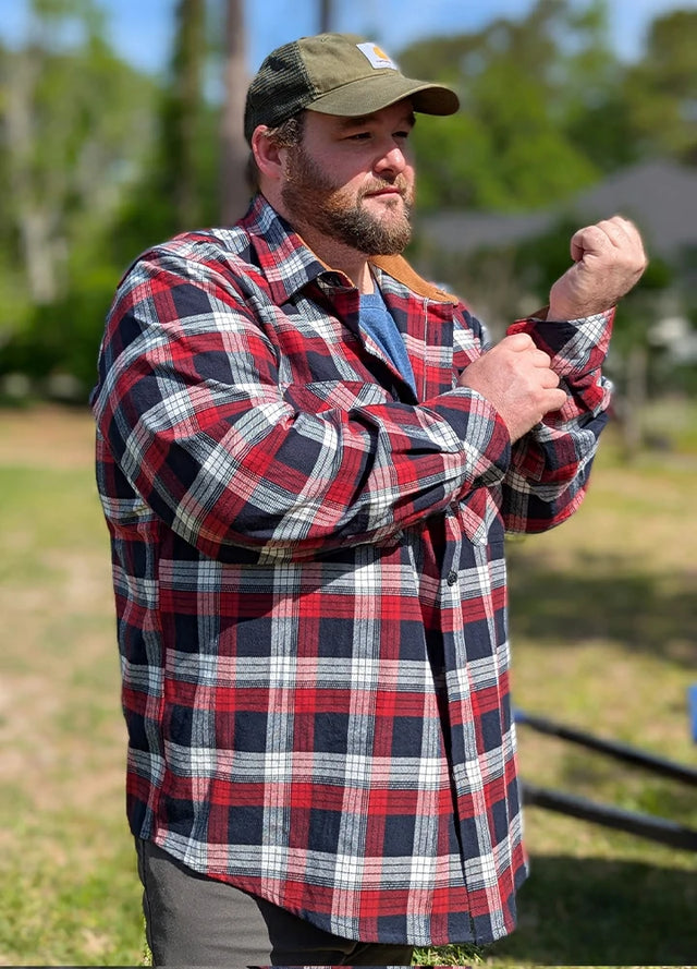 Side view of a man wearing a red and navy midweight cotton flannel shirt for men