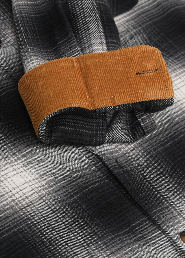 Detailed view of the cuff of gray white men's cozy midweight flannel shirt