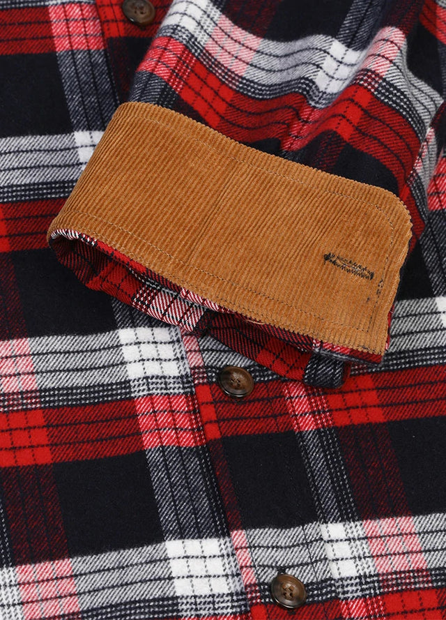Detailed view of the cuff of indigo red men's cozy midweight flannel shirt