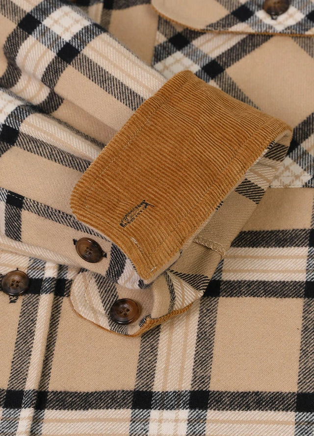 Detailed view of the cuff of light khaki men's cozy midweight flannel shirt