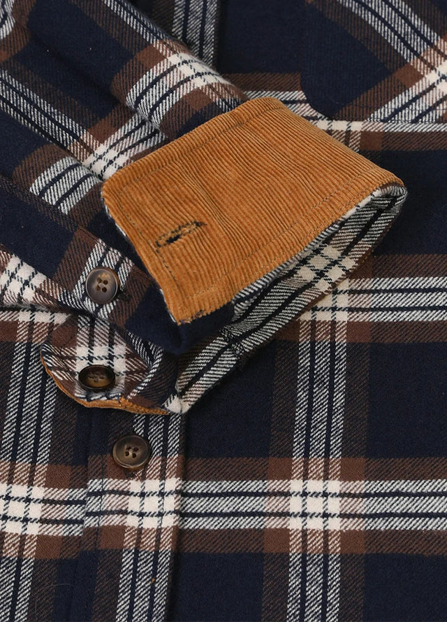 Close-up of the cuff of navy coffee men's cozy midweight flannel shirt