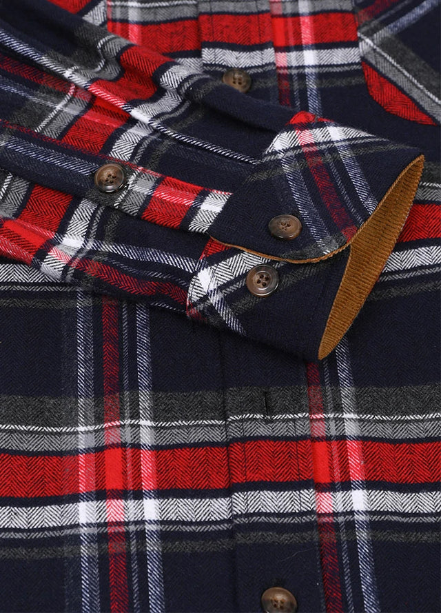 Close-up of the cuff of navy red men's cozy midweight flannel shirt