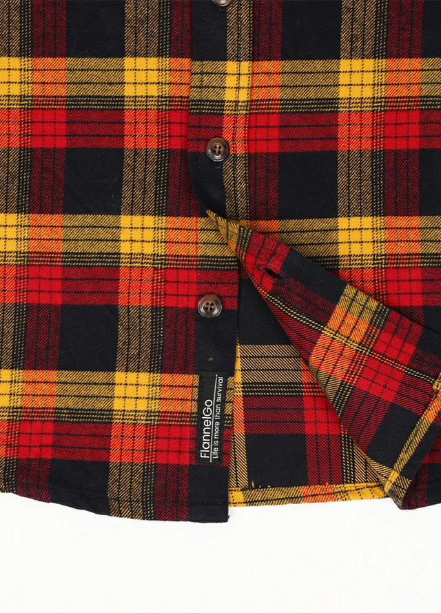 Close-up of the hem of yellow red men's durable midweight flannel shirt