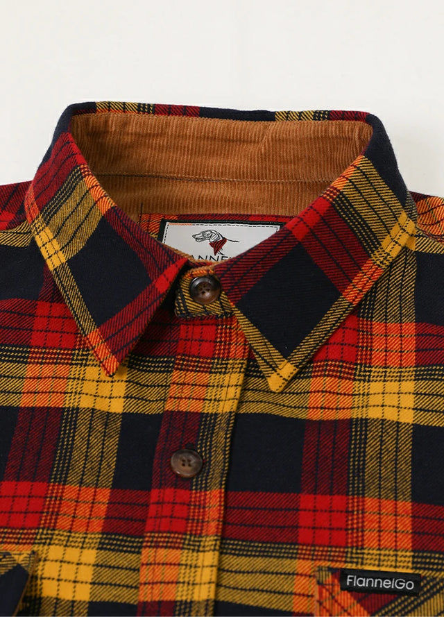 Close-up of the lapel of yellow red men's timberline flannel shirt