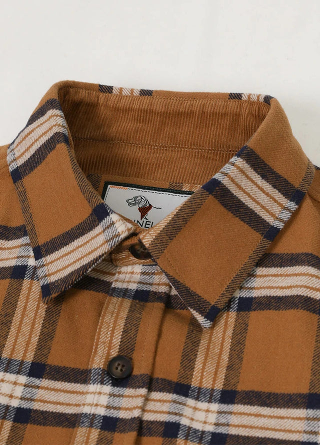 Close-up of the lapel of the clay men's timberline flannel shirt